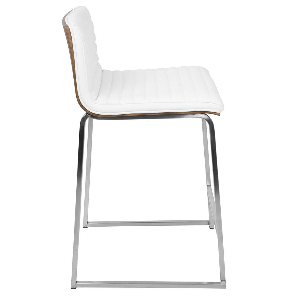 Mara 26" Contemporary Counter Stool in Brushed Stainless Steel, Walnut Wood, and White Faux Leather - Set of 2. Picture 4