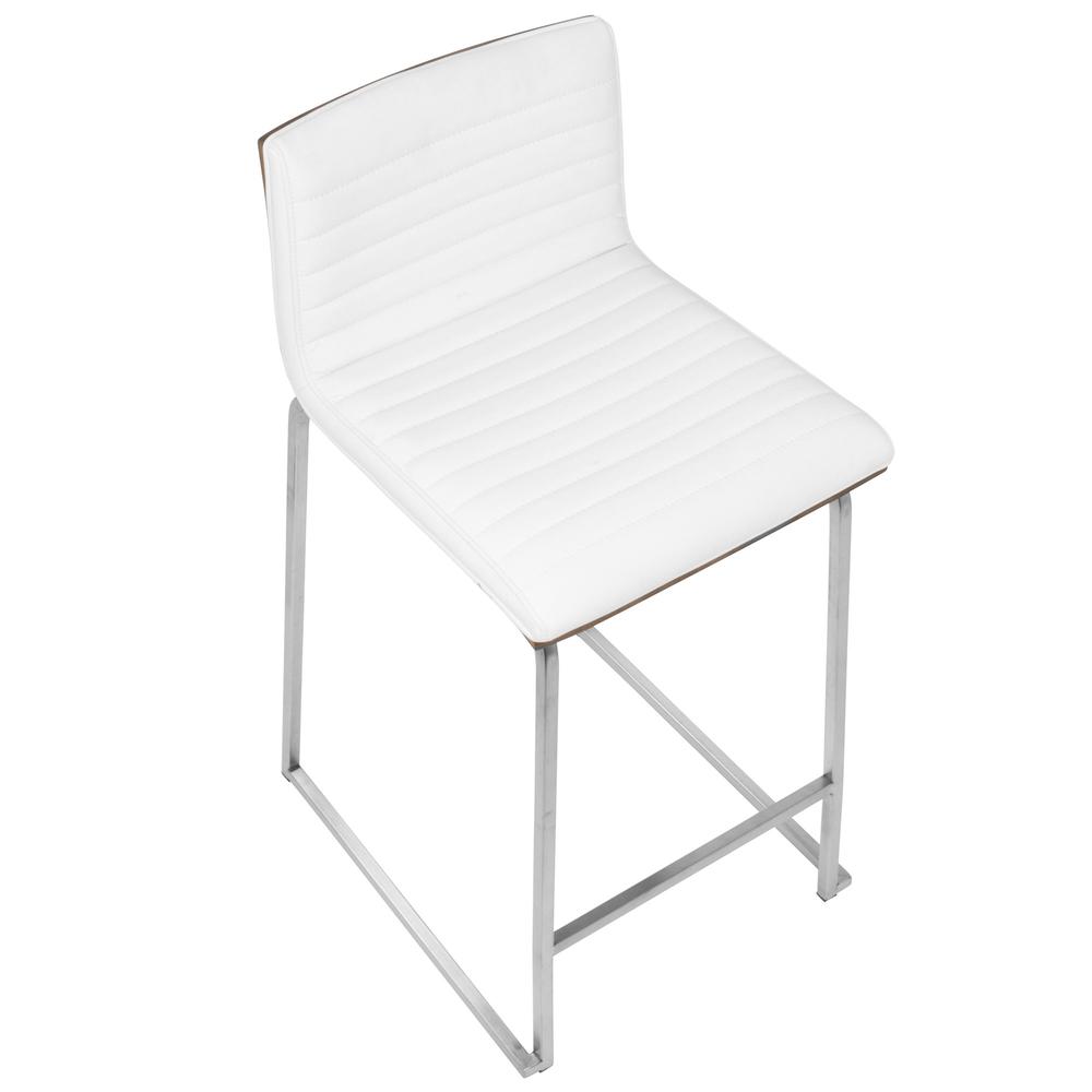 Mara 26" Contemporary Counter Stool in Brushed Stainless Steel, Walnut Wood, and White Faux Leather - Set of 2. Picture 8