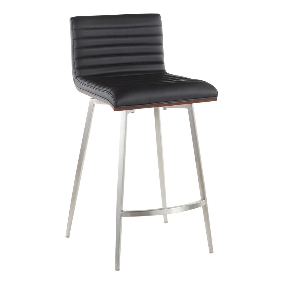 Stainless Steel, Walnut Wood, Black PU Mason Swivel Counter Stool - Set of 2. Picture 2