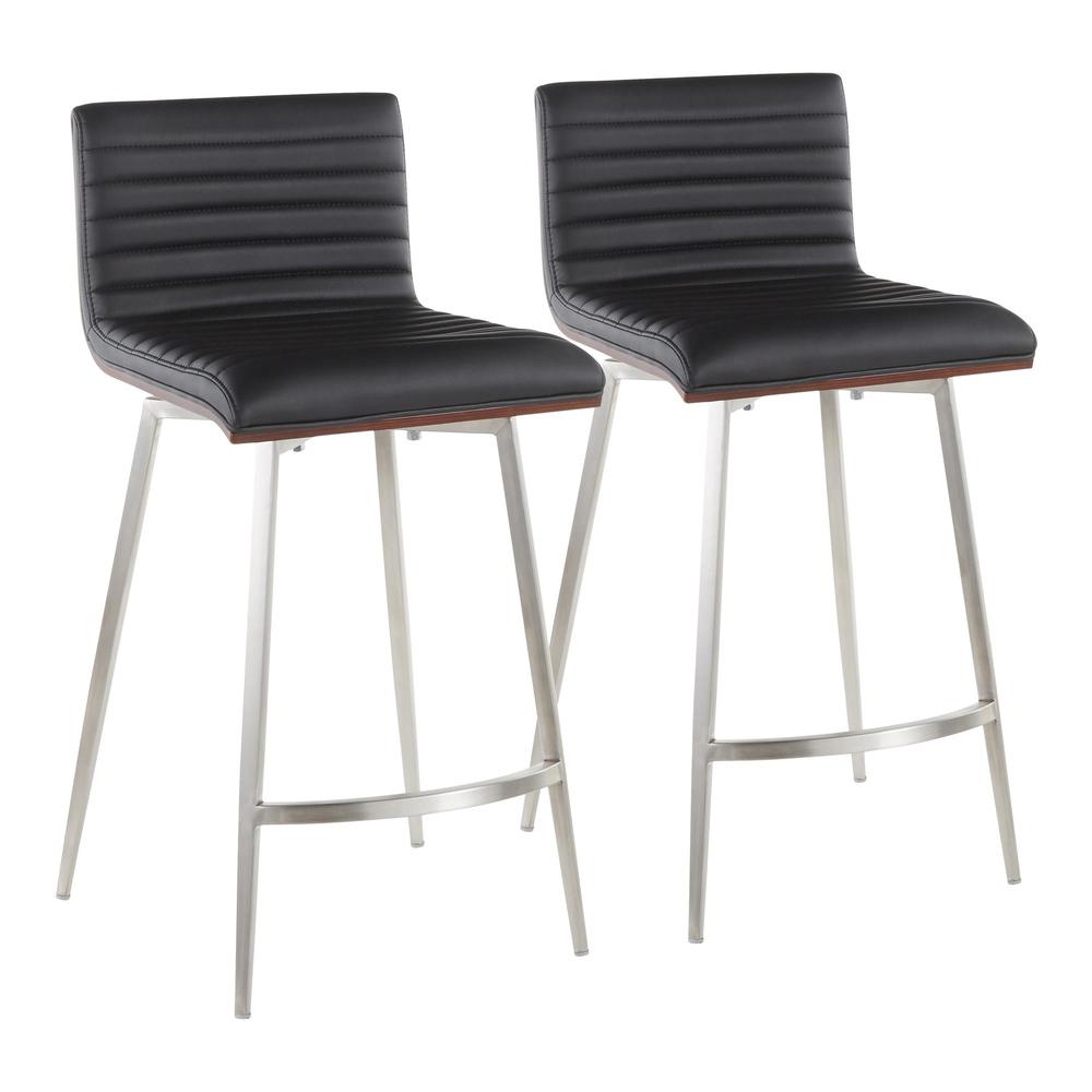 Stainless Steel, Walnut Wood, Black PU Mason Swivel Counter Stool - Set of 2. Picture 1