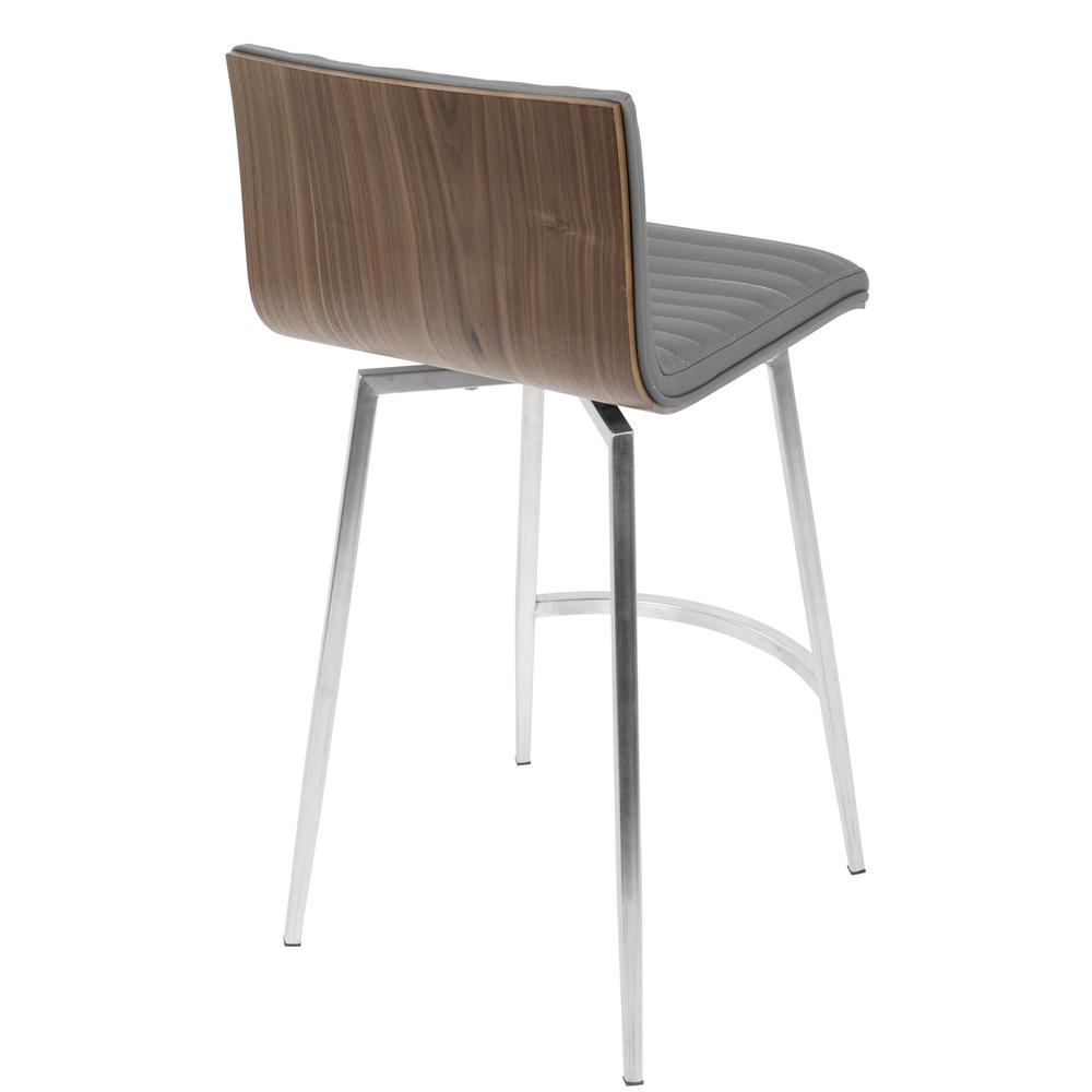 Mason Contemporary Swivel Counter Stool in Stainless Steel, Walnut Wood, and Grey Faux Leather - Set of 2. Picture 5