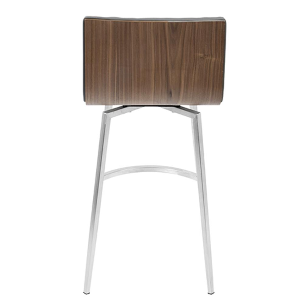 Mason Contemporary Swivel Counter Stool in Stainless Steel, Walnut Wood, and Grey Faux Leather - Set of 2. Picture 6