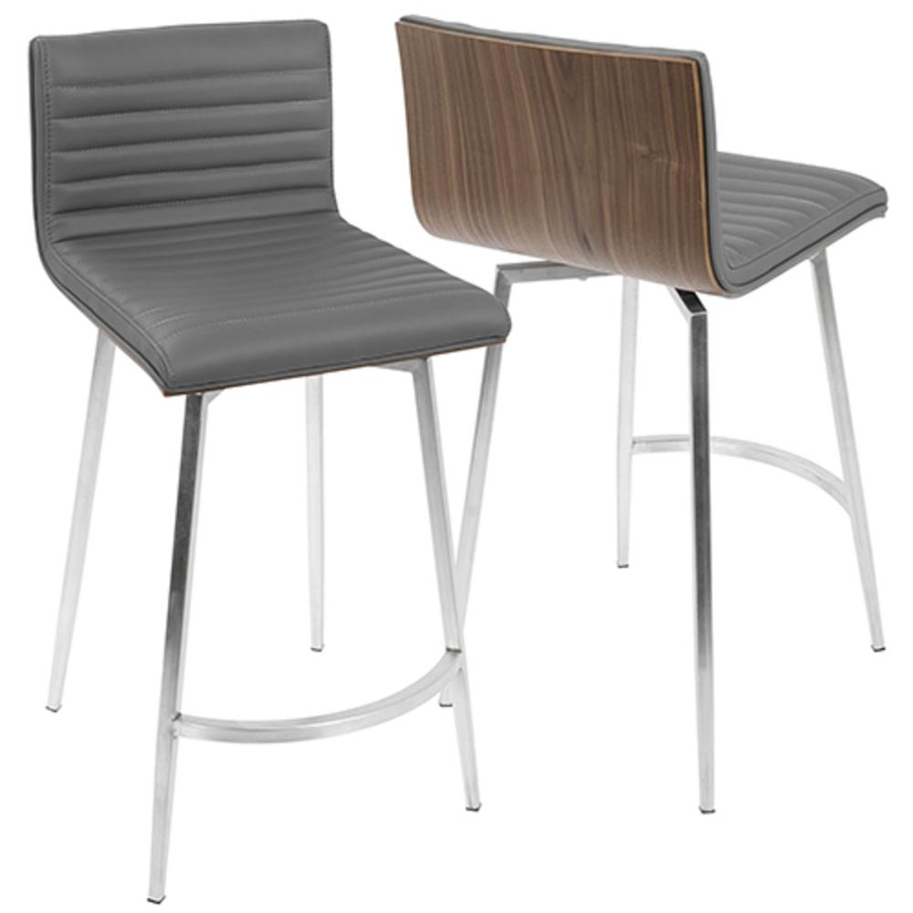 Mason Contemporary Swivel Counter Stool in Stainless Steel, Walnut Wood, and Grey Faux Leather - Set of 2. Picture 2