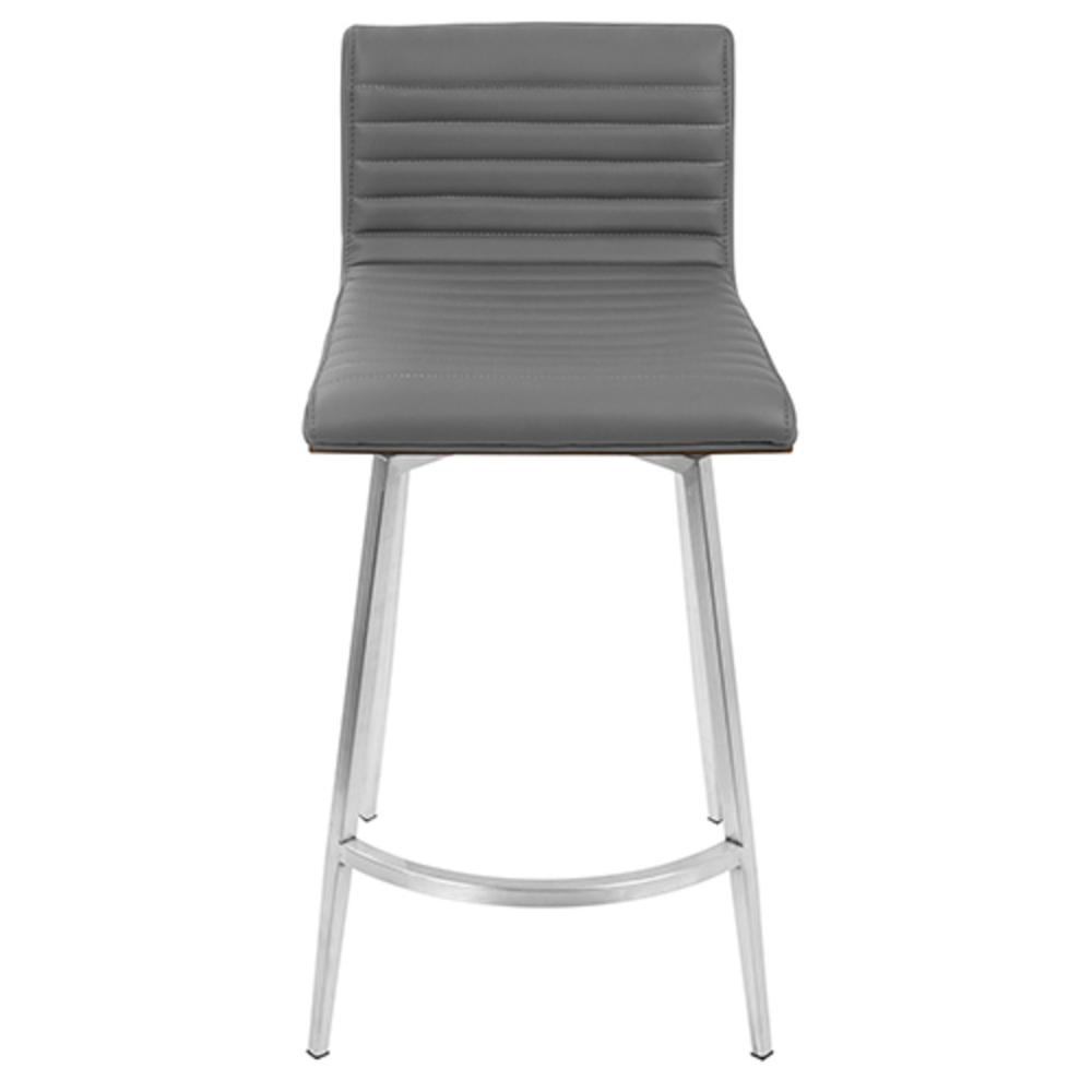 Mason Contemporary Swivel Counter Stool in Stainless Steel, Walnut Wood, and Grey Faux Leather - Set of 2. Picture 7