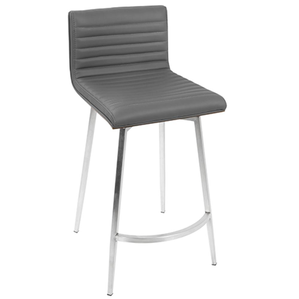 Mason Contemporary Swivel Counter Stool in Stainless Steel, Walnut Wood, and Grey Faux Leather - Set of 2. Picture 3