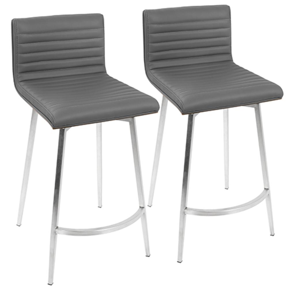 Mason Contemporary Swivel Counter Stool in Stainless Steel, Walnut Wood, and Grey Faux Leather - Set of 2. Picture 1