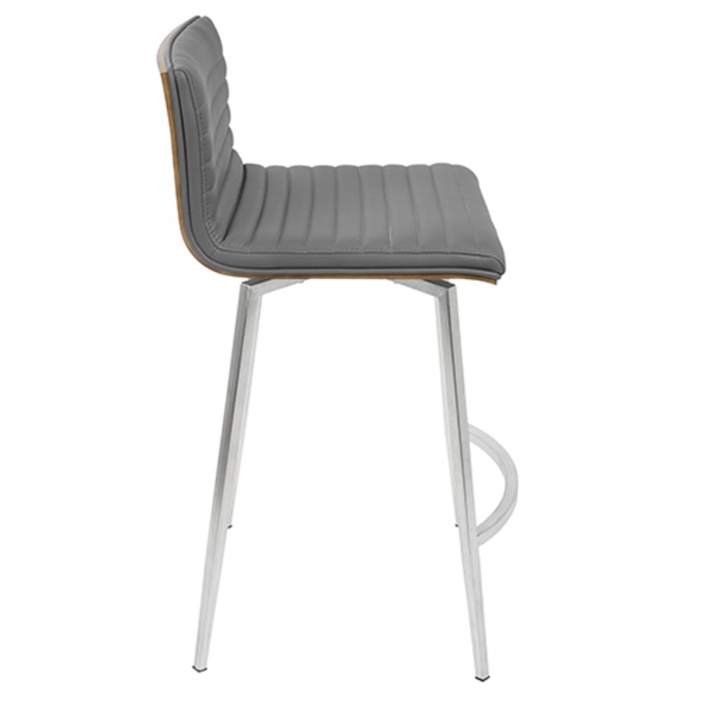 Mason Contemporary Swivel Counter Stool in Stainless Steel, Walnut Wood, and Grey Faux Leather - Set of 2. Picture 4