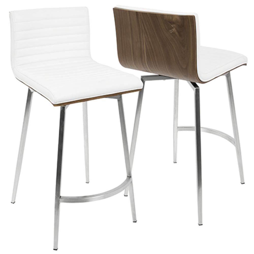 Stainless Steel, White PU, Walnut Wood Mason Swivel Counter Stool - Set of 2. Picture 2