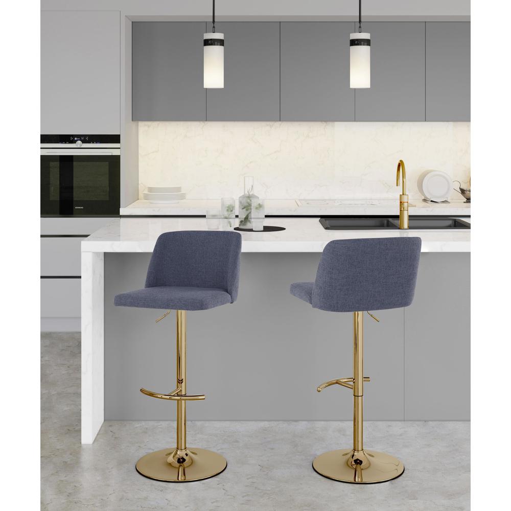 Blue Fabric, Gold Metal Toriano Adjustable Barstool - Set of 2. Picture 7
