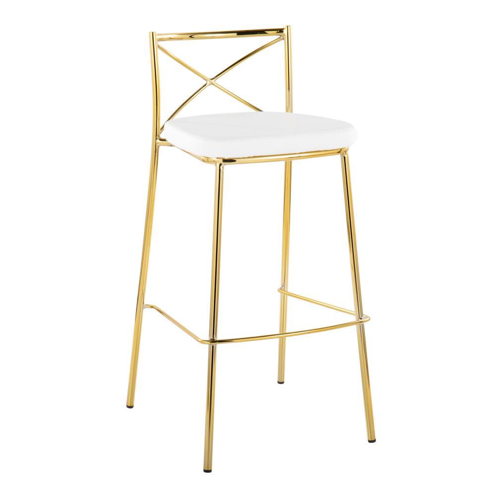Gold Metal, White PU Modern Charlotte 30" Fixed-Height Barstool - Set of 2. Picture 2