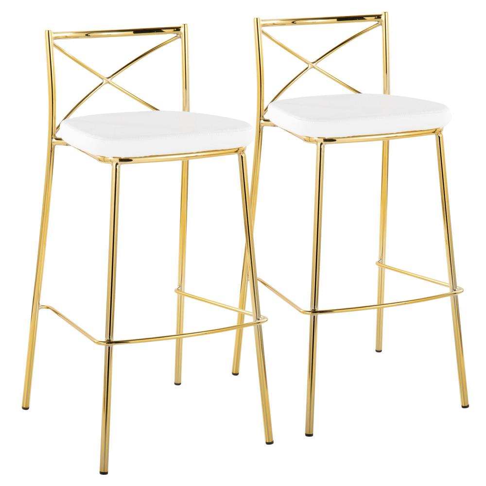 Gold Metal, White PU Modern Charlotte 30" Fixed-Height Barstool - Set of 2. Picture 1