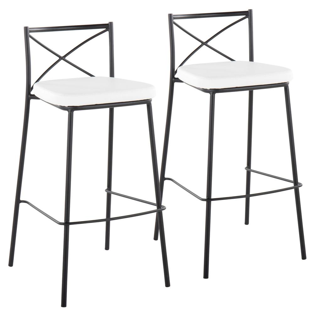 Black Metal, White PU Modern Charlotte 30" Fixed-Height Barstool - Set of 2. Picture 1