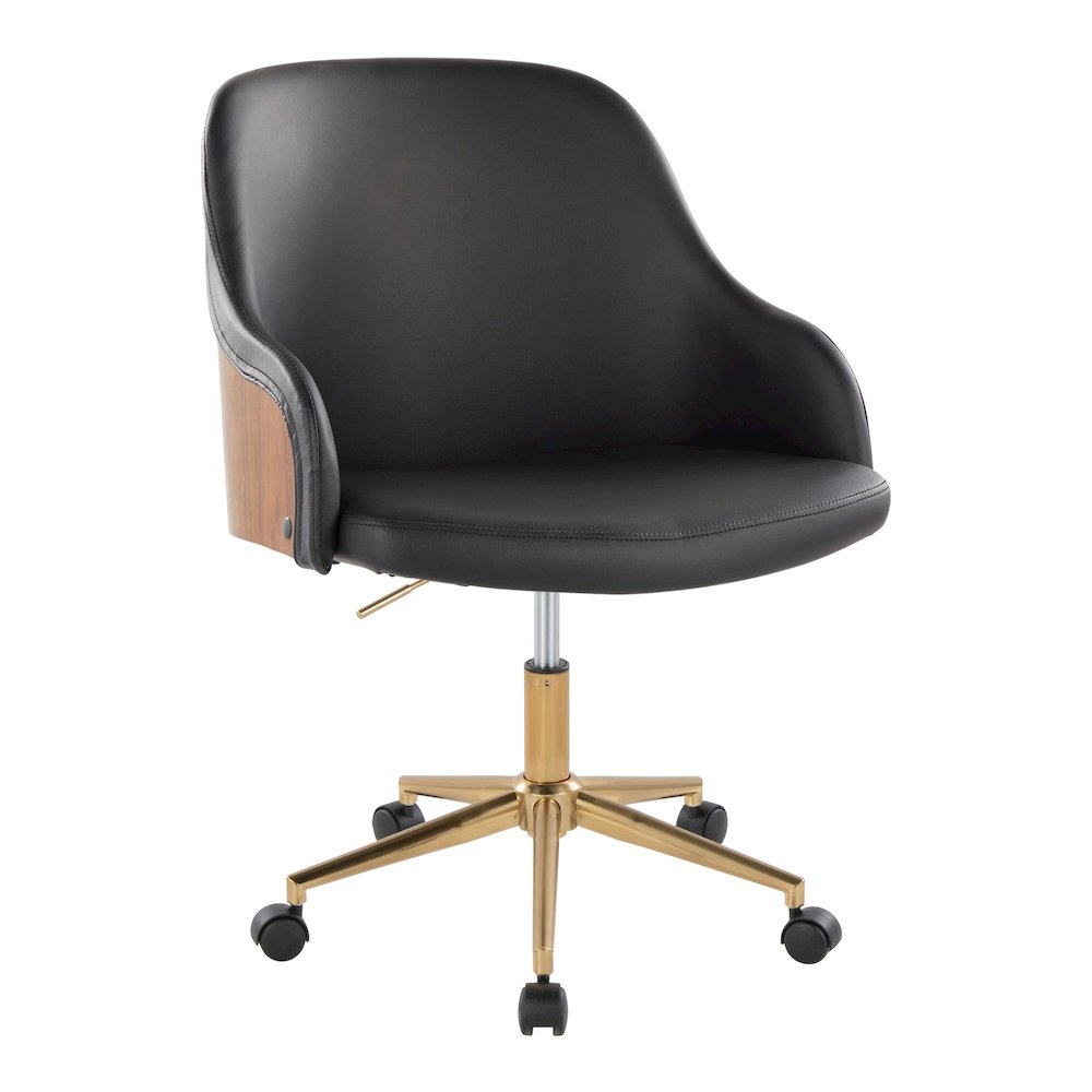 Bacci Office Chair in Gold Metal, Walnut Wood, Black PU color. Picture 1