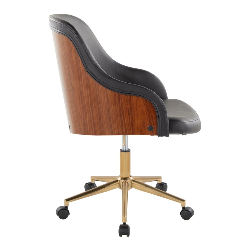 Bacci Office Chair in Gold Metal, Walnut Wood, Black PU color. Picture 2