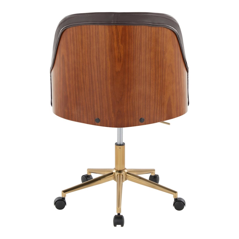 Bacci Office Chair in Gold Metal, Walnut Wood, Brown PU color. Picture 4