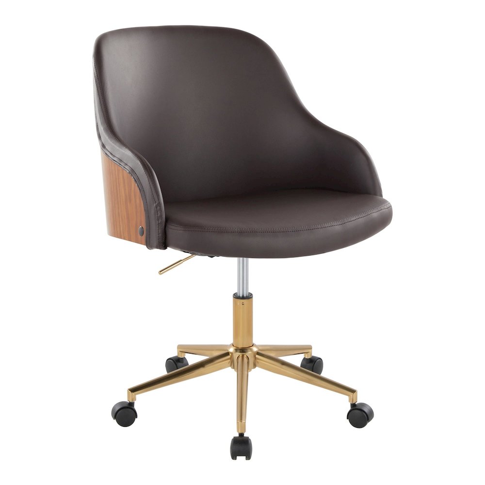Bacci Office Chair in Gold Metal, Walnut Wood, Brown PU color. Picture 1
