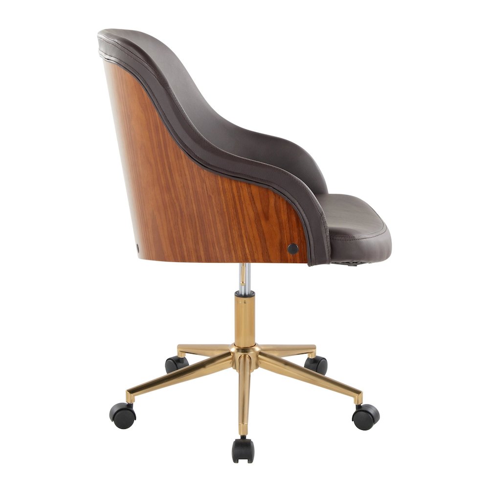 Bacci Office Chair in Gold Metal, Walnut Wood, Brown PU color. Picture 2