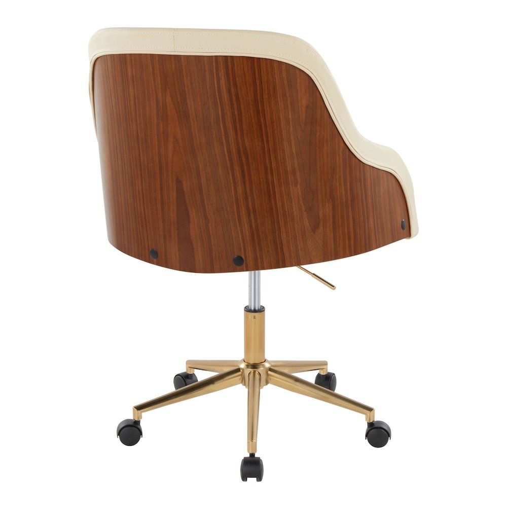 Bacci Office Chair in Gold Metal, Walnut Wood, Cream PU color. Picture 3