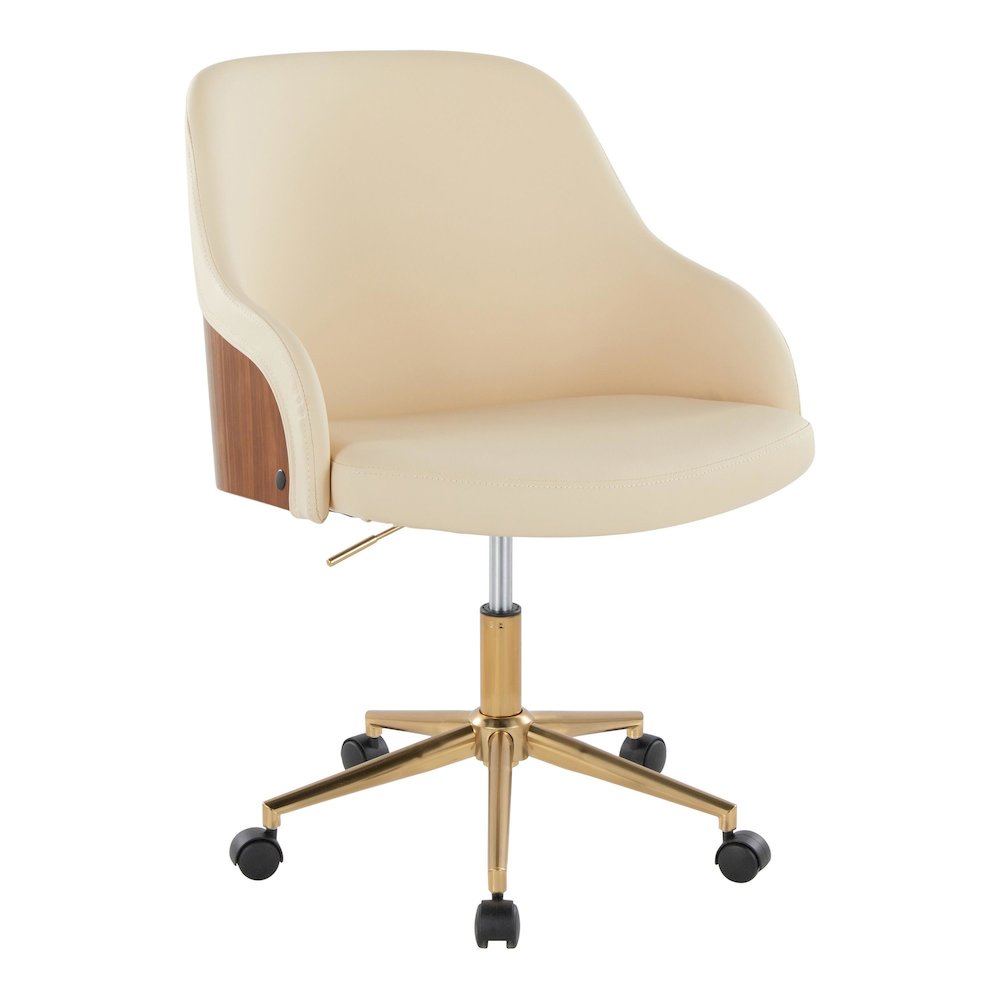 Bacci Office Chair in Gold Metal, Walnut Wood, Cream PU color. Picture 1