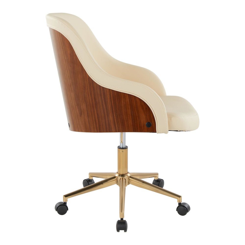 Bacci Office Chair in Gold Metal, Walnut Wood, Cream PU color. Picture 2