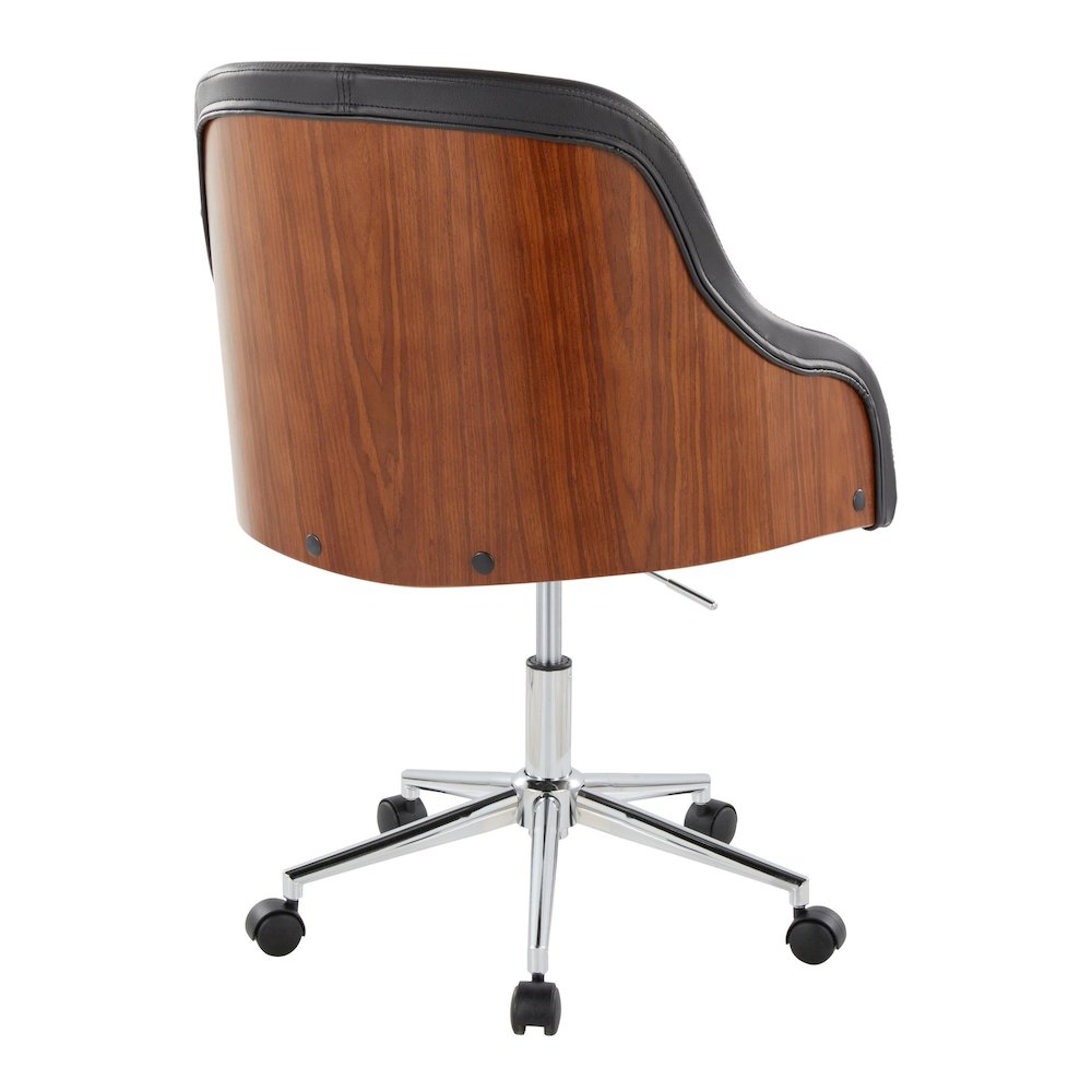Bacci Office Chair in Chrome Metal, Walnut Wood, Black PU color. Picture 3