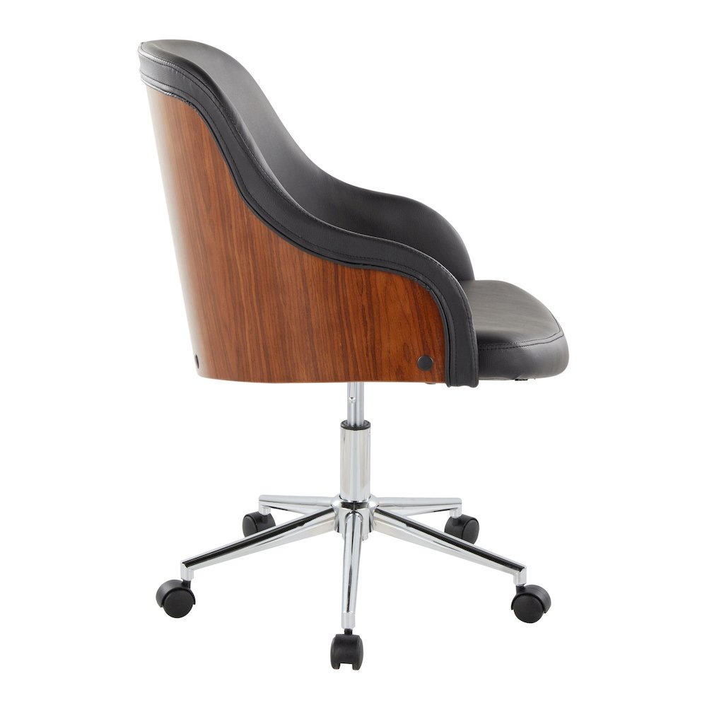 Bacci Office Chair in Chrome Metal, Walnut Wood, Black PU color. Picture 2