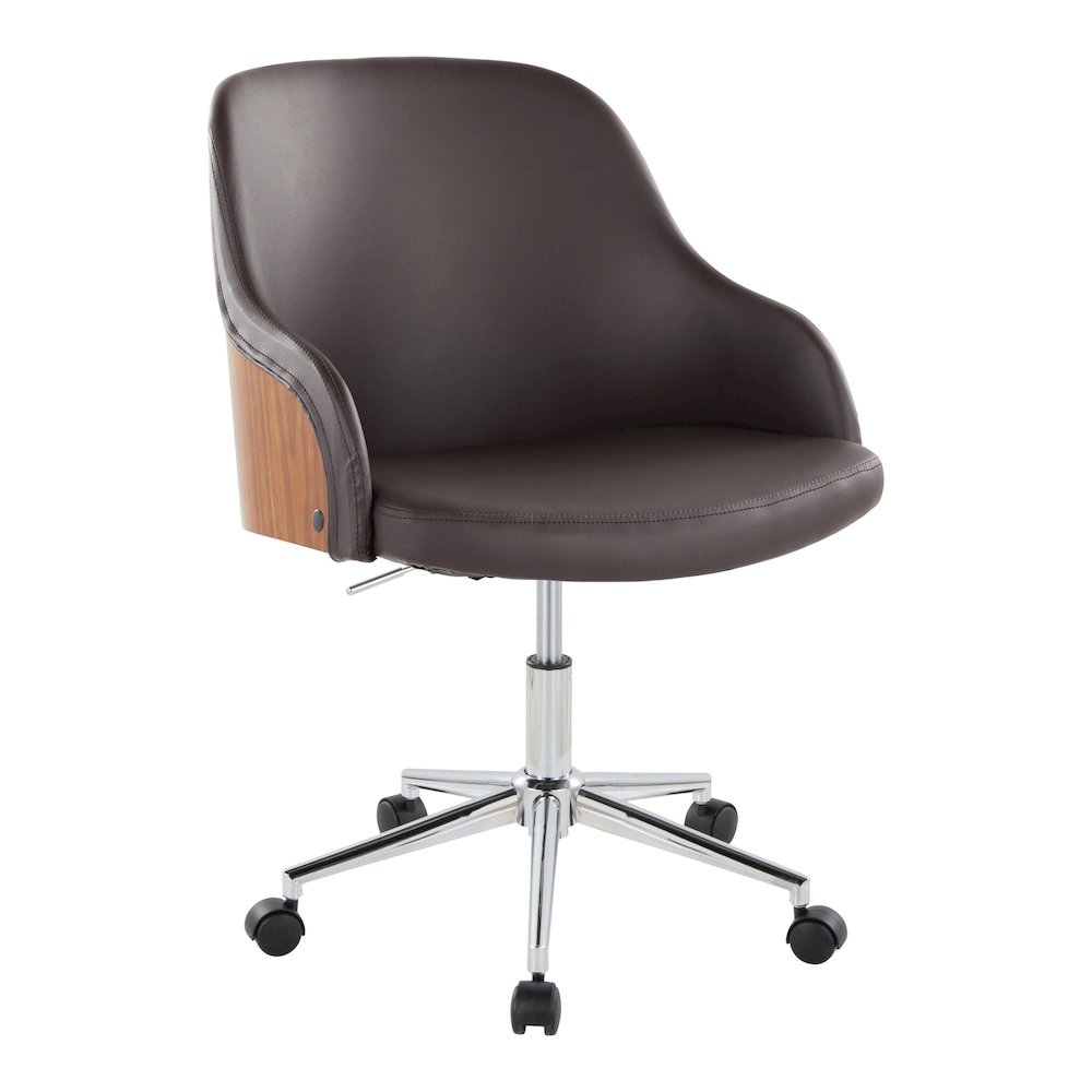 Bacci Office Chair in Chrome Metal, Walnut Wood, Brown PU color. Picture 1