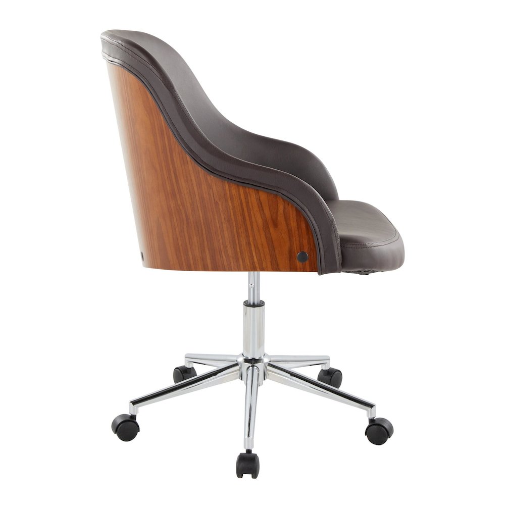 Bacci Office Chair in Chrome Metal, Walnut Wood, Brown PU color. Picture 2