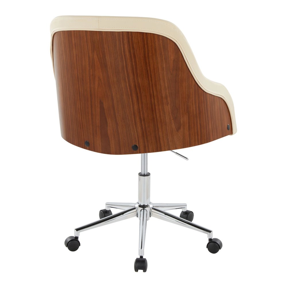Bacci Office Chair in Chrome Metal, Walnut Wood, Cream PU color. Picture 3