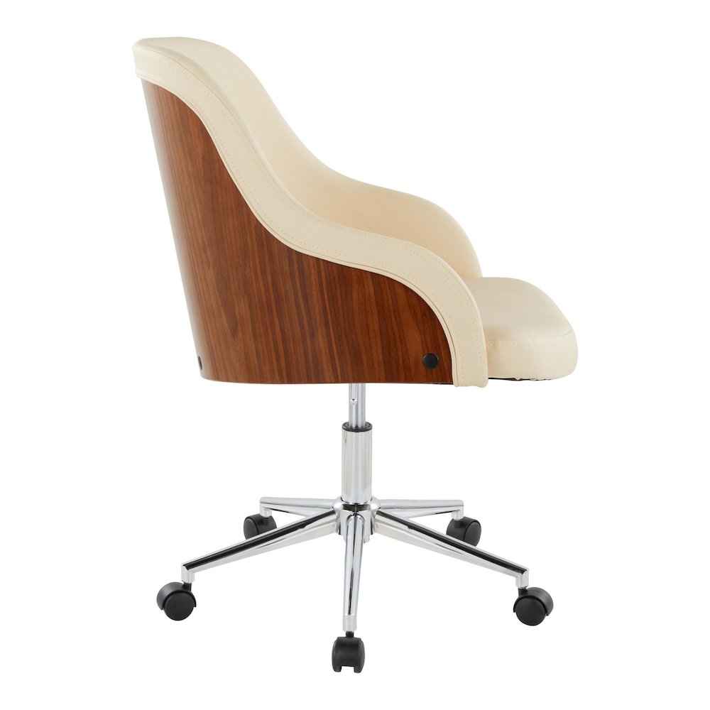 Bacci Office Chair in Chrome Metal, Walnut Wood, Cream PU color. Picture 2