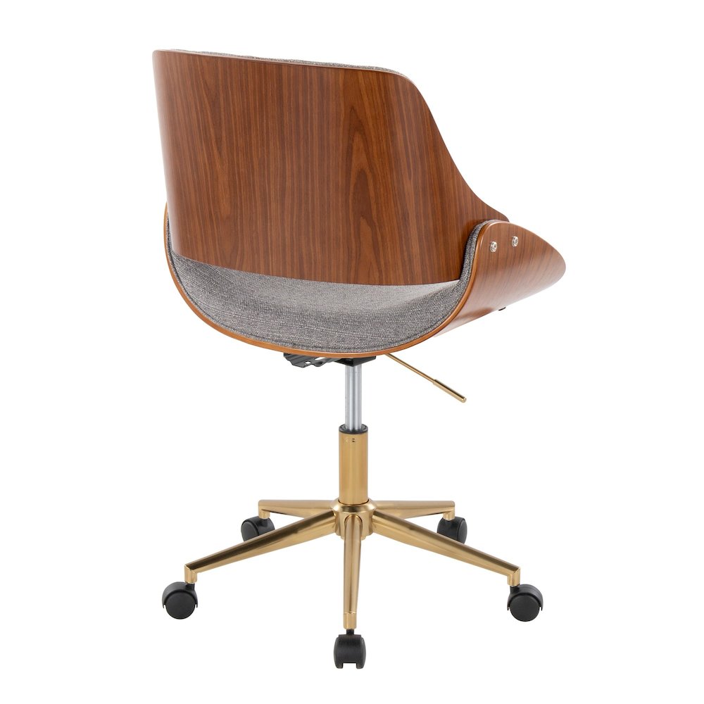 Fabrizzi Office Chair in Gold Metal, Walnut Wood, Grey Fabric color. Picture 3