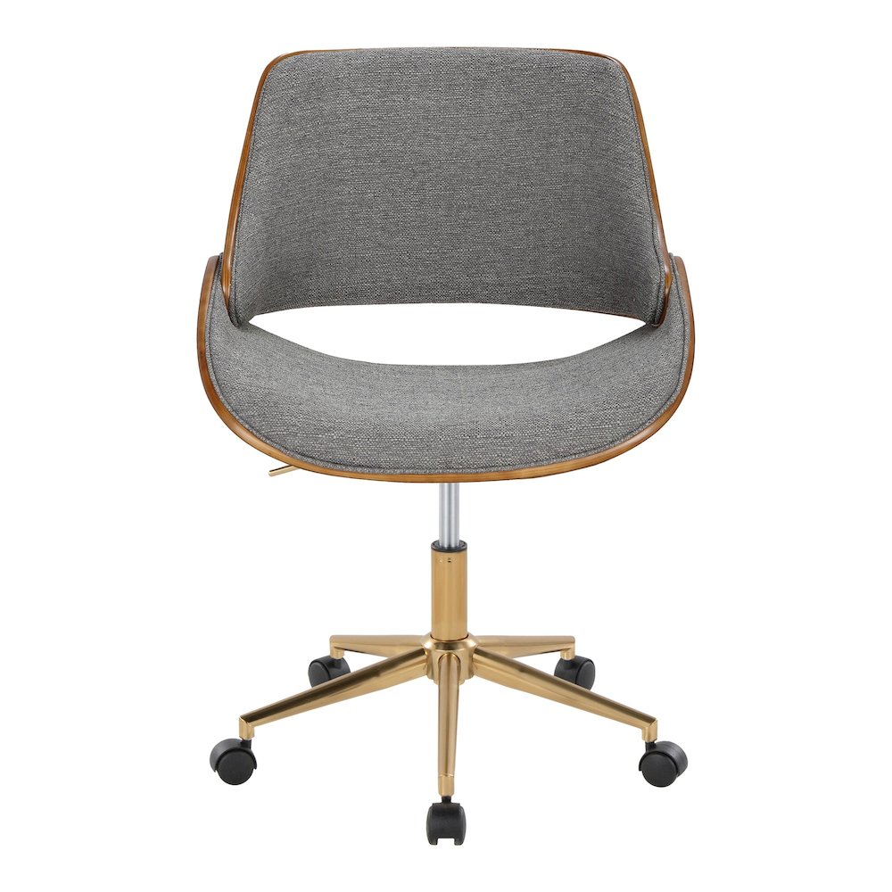 Fabrizzi Office Chair in Gold Metal, Walnut Wood, Grey Fabric color. Picture 5