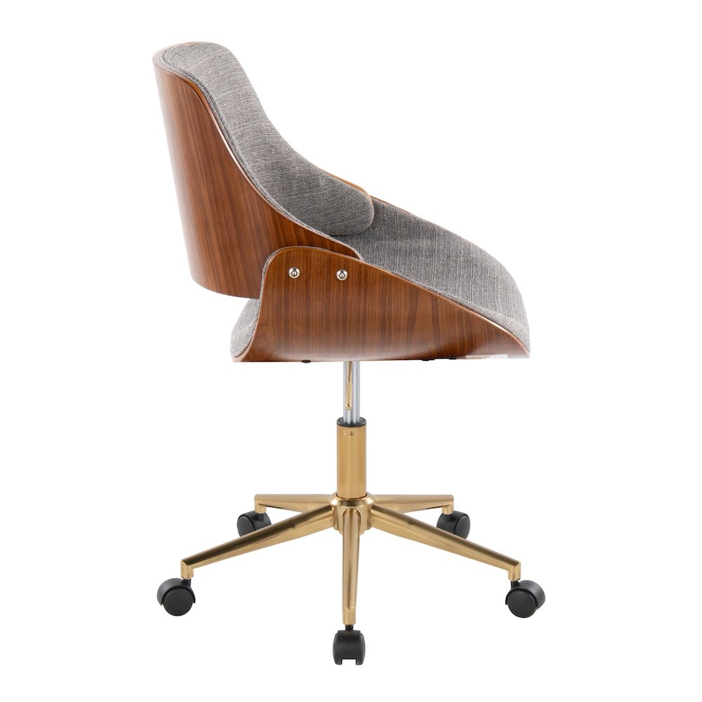 Fabrizzi Office Chair in Gold Metal, Walnut Wood, Grey Fabric color. Picture 2