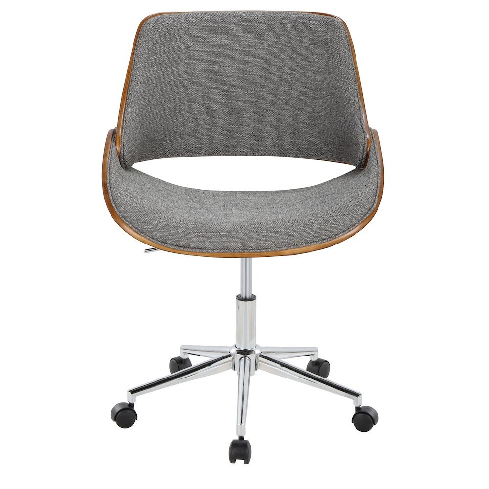Fabrizzi Office Chair in Chrome Metal, Walnut Wood, Grey Fabric color. Picture 5