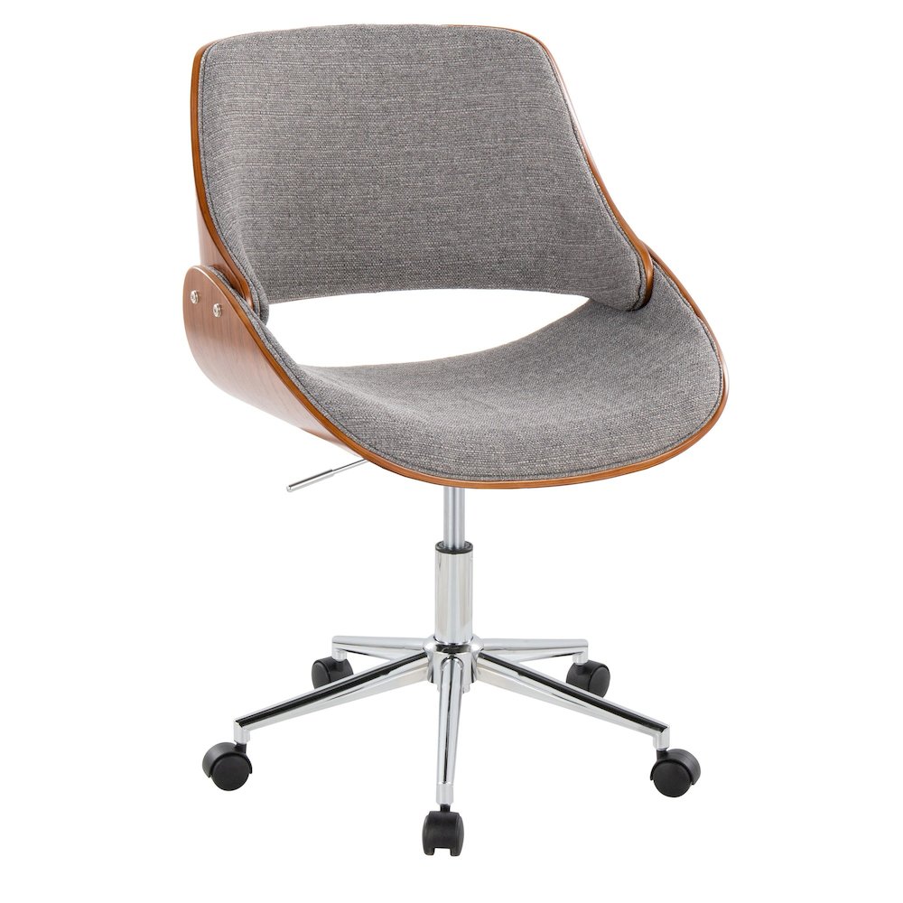 Fabrizzi Office Chair in Chrome Metal, Walnut Wood, Grey Fabric color. Picture 1