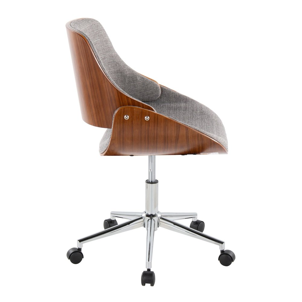 Fabrizzi Office Chair in Chrome Metal, Walnut Wood, Grey Fabric color. Picture 2