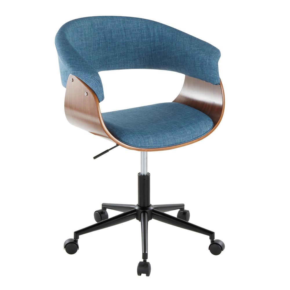 Black Metal, Walnut Wood, Blue Fabric Vintage Mod Office Chair. Picture 1