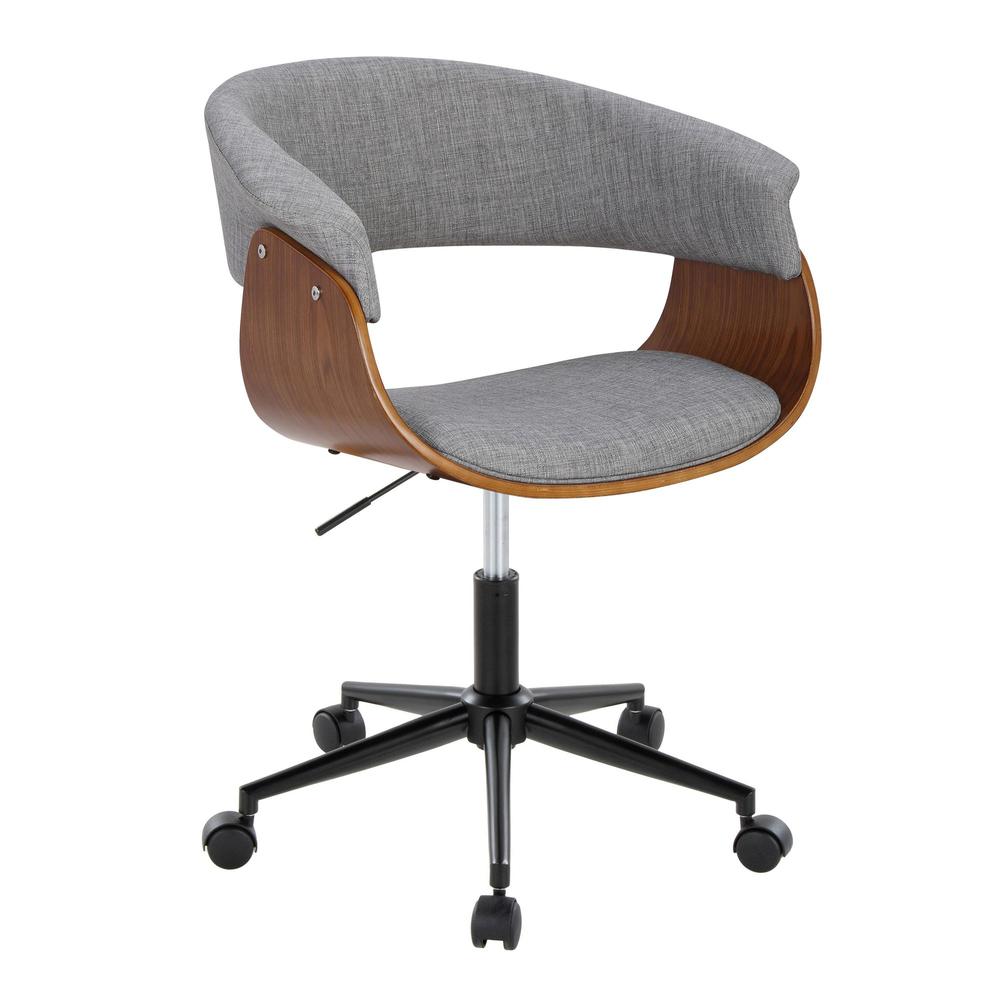 Black Metal, Walnut Wood, Light Grey Fabric Vintage Mod Office Chair. Picture 1