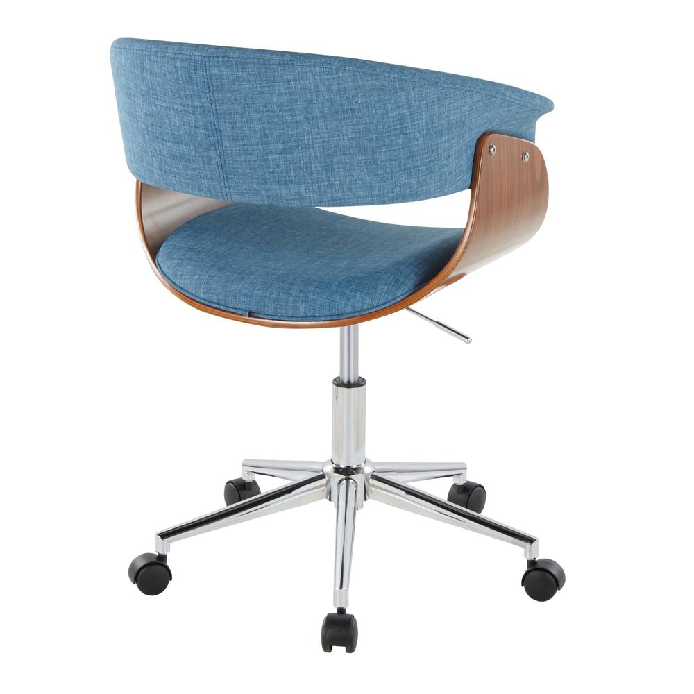 Chrome Metal, Walnut Wood, Blue Fabric Vintage Mod Office Chair. Picture 3
