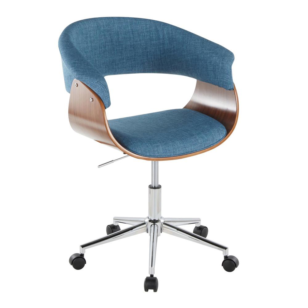 Chrome Metal, Walnut Wood, Blue Fabric Vintage Mod Office Chair. Picture 1