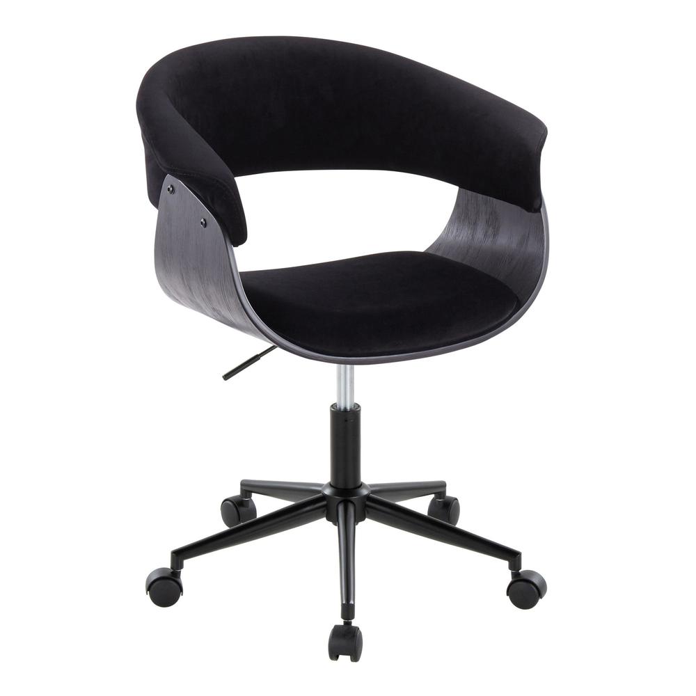 Black Metal, Black Wood, Black Velvet Vintage Mod Office Chair. Picture 1