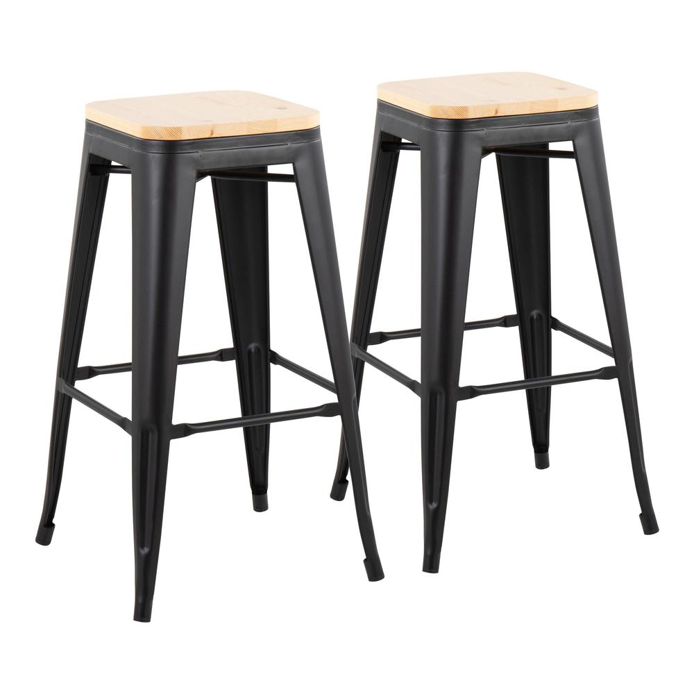 Black Steel, Natural Wood Oregon Barstool - Set of 2. Picture 1