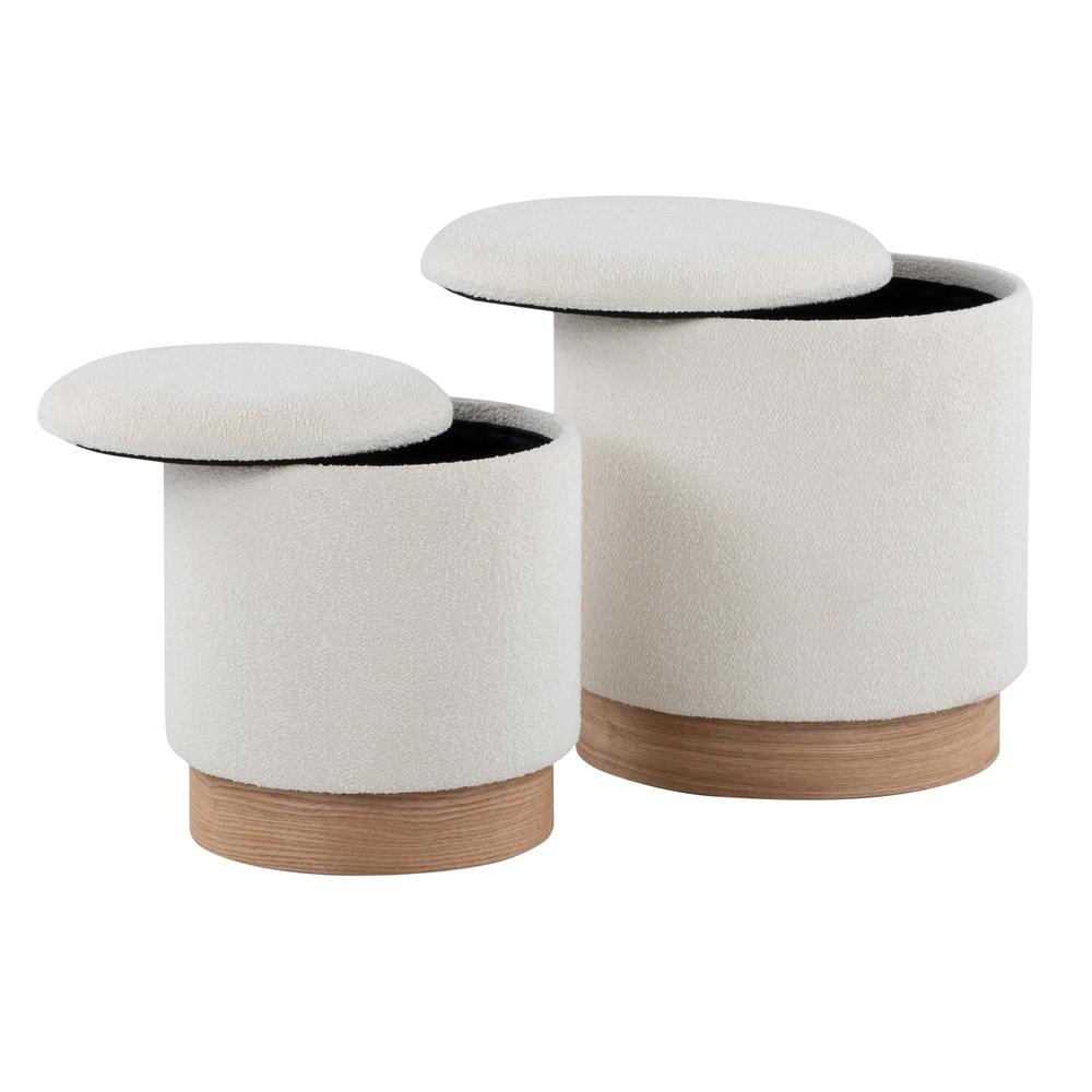 Natural Wood, Cream Fabric Marla Nesting Ottoman Set. Picture 2