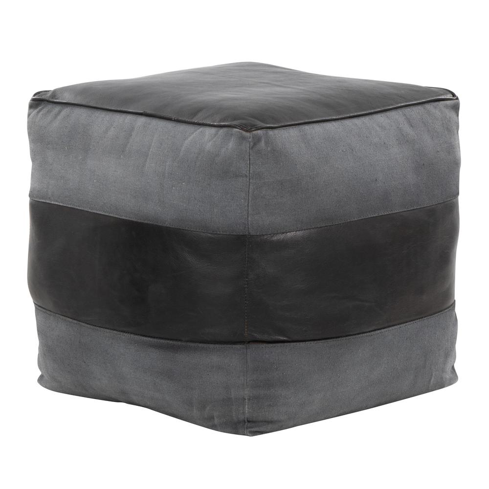 Black Leather, Grey Canvas Cobbler Canvas Pouf. Picture 1