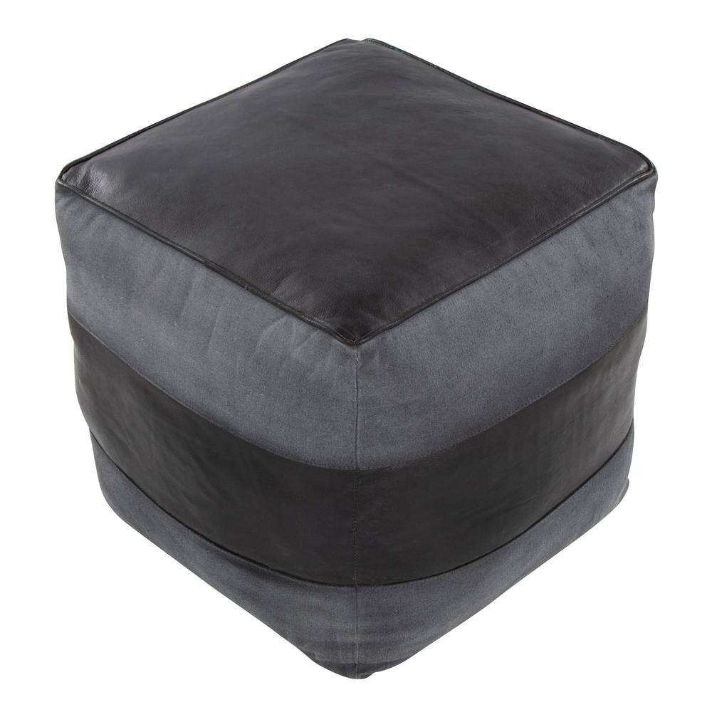 Black Leather, Grey Canvas Cobbler Canvas Pouf. Picture 3