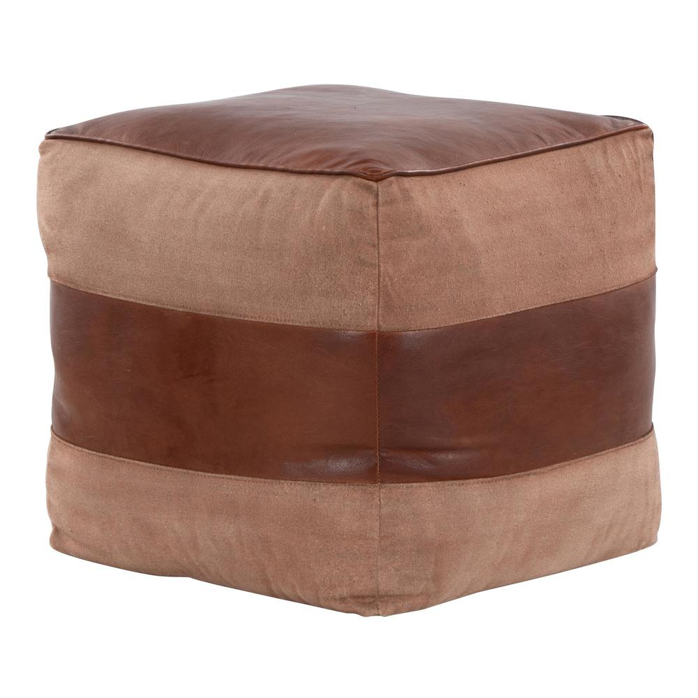 Espresso Leather, Tan Canvas Cobbler Canvas Pouf. Picture 1