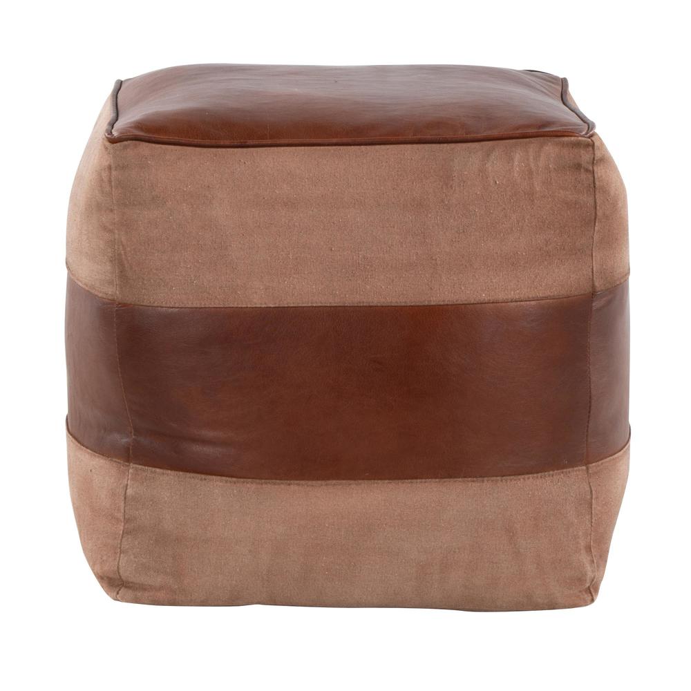 Espresso Leather, Tan Canvas Cobbler Canvas Pouf. Picture 2
