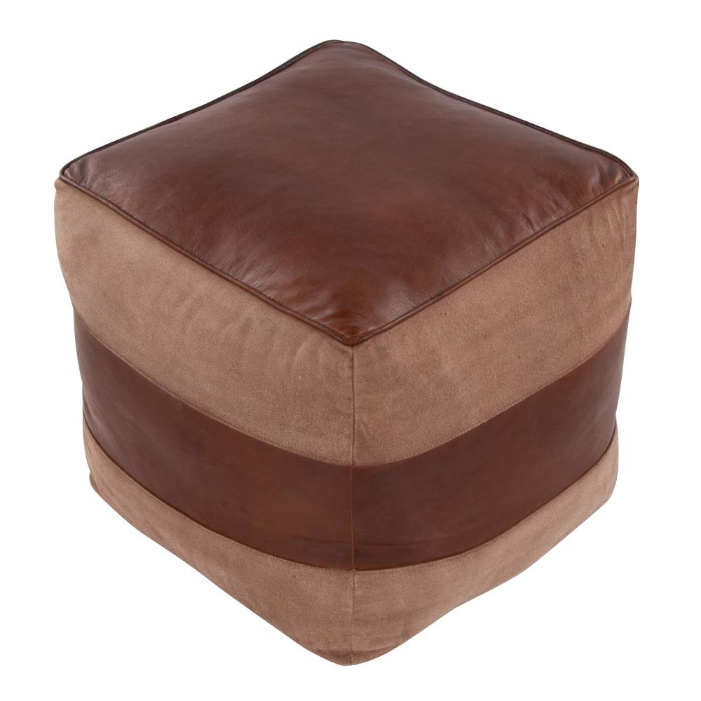 Espresso Leather, Tan Canvas Cobbler Canvas Pouf. Picture 3
