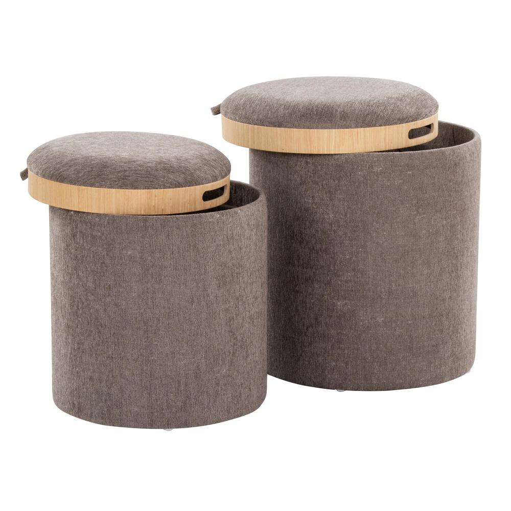 Brown Fabric, Natural Wood Tray Nesting Ottoman Set. Picture 3