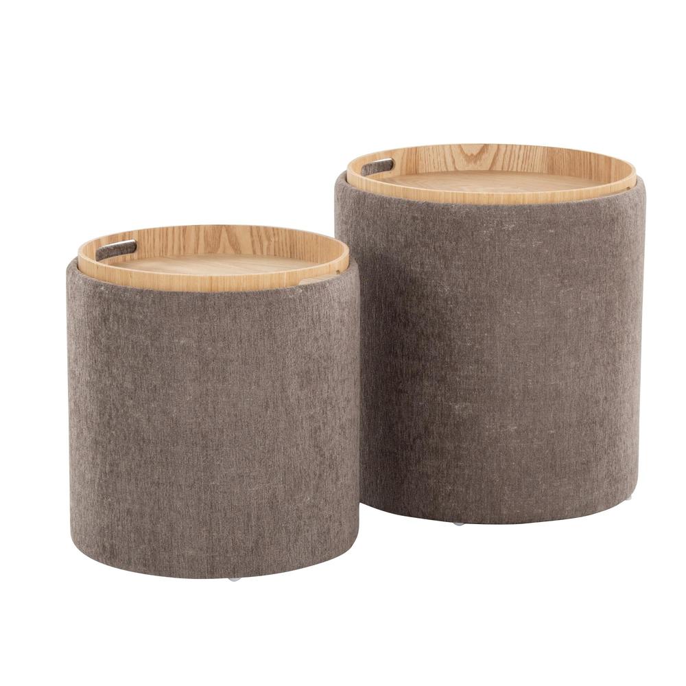 Brown Fabric, Natural Wood Tray Nesting Ottoman Set. Picture 4